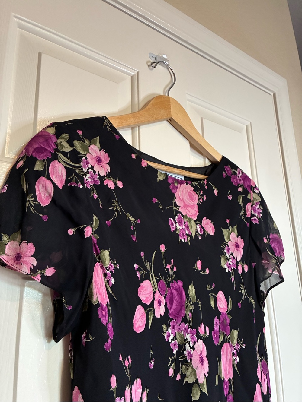 Jessica Howard Black Floral Blouse with Pink & Purple Blooms